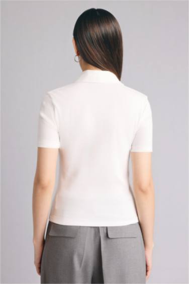 Slım Fıt Polo Yaka Fitilli Kaşkorse Tişört - Görsel 4