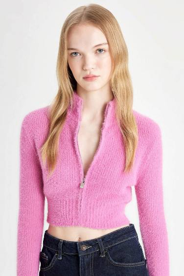 Basic Zippered Stand Collar Knitwear Crop Cardigan