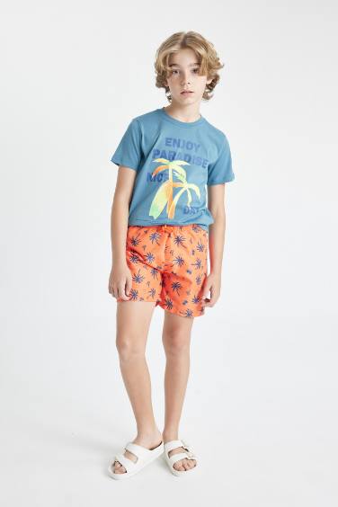 Boy Palm Tree Patterned T-Shirt and Swim Shorts 2 Piece Set