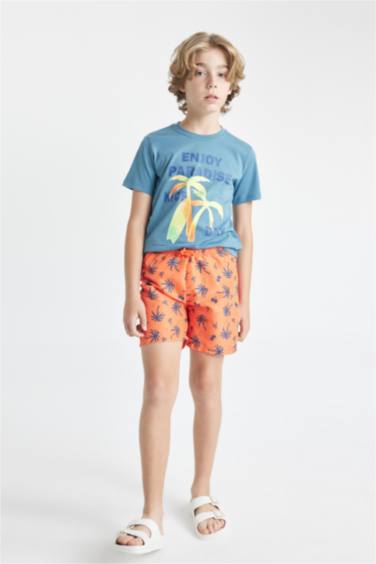 Erkek Çocuk 2'li Takım Palmiye Baskılı Kısa Kollu Tişört Deniz Şortu