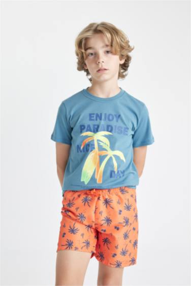 Erkek Çocuk 2'li Takım Palmiye Baskılı Kısa Kollu Tişört Deniz Şortu