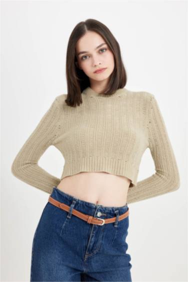 Regular Fit Crop Bisiklet Yaka Örgü Delikli Triko Kazak