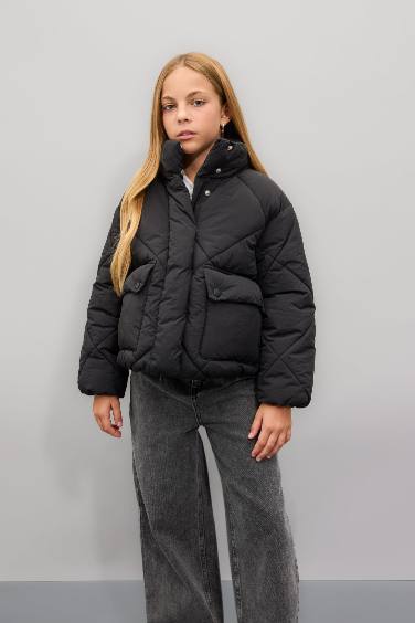 Girl Stand Collar Pocket Waterproof Puffer Jacket