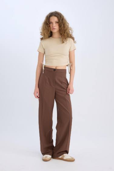 Standart Boy Kumaş Palazzo Pantolon Wide Leg Geniş Bol Paça Basic Düz Yüksek Bel