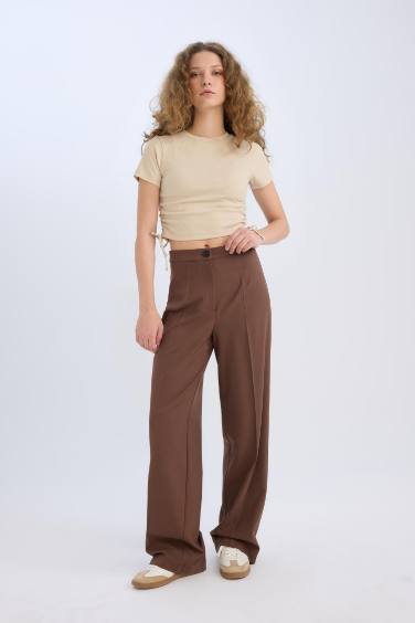 Standart Boy Kumaş Palazzo Pantolon Wide Leg Geniş Bol Paça Basic Düz Yüksek Bel