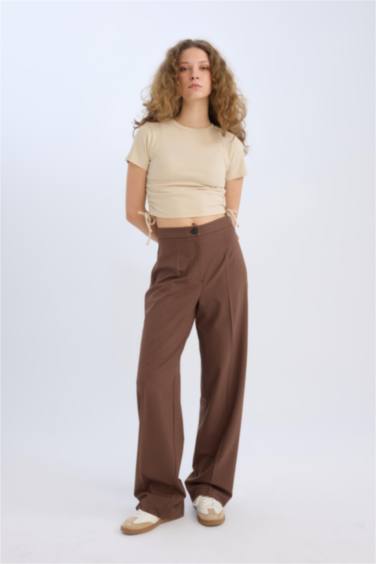 Standart Boy Kumaş Palazzo Pantolon Wide Leg Geniş Bol Paça Basic Düz Yüksek Bel