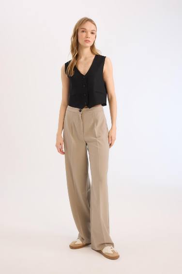 بنطلون قماش وايد ليج برجل واسع وخصر عالي