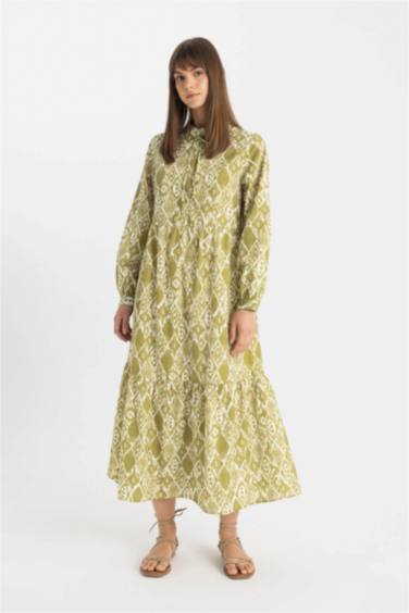 Desenli Poplin Uzun Kollu Basic Düz Maxi Elbise