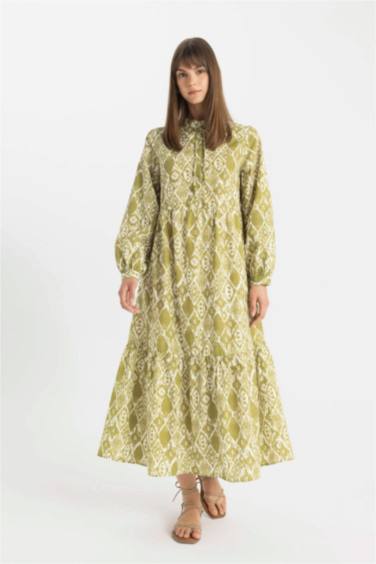 Desenli Poplin Uzun Kollu Basic Düz Maxi Elbise