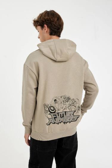 Haki Marvel Avengers Boxy Fit Kapüşonlu Sırt Baskılı Sweatshirt