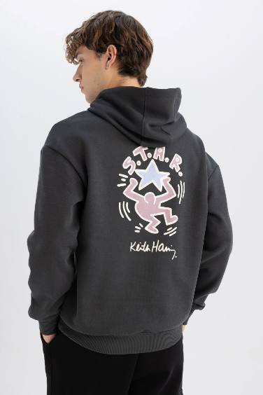 Keith Haring Boxy Fit Kapüşonlu Sırt Baskılı Sweatshirt