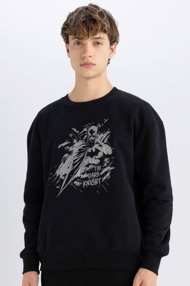 Sweat-shirt Boxy imprimé Batman à Col Rrond et Manches Longues