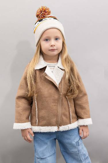 Baby Girl V Neck Faux Fur Lined Pocket Inside Polar Suede Jacket