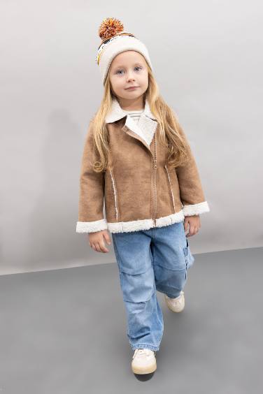 Baby Girl V Neck Faux Fur Lined Pocket Inside Polar Suede Jacket