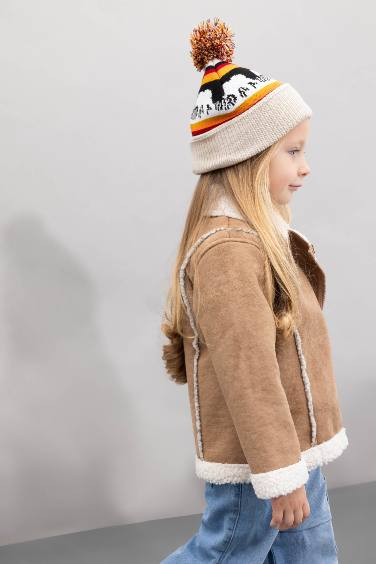 Baby Girl V Neck Faux Fur Lined Pocket Inside Polar Suede Jacket