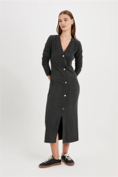 тығыз көйлек v жаға ұзын жеңді Ұзын жеңді трикотаж көйлек