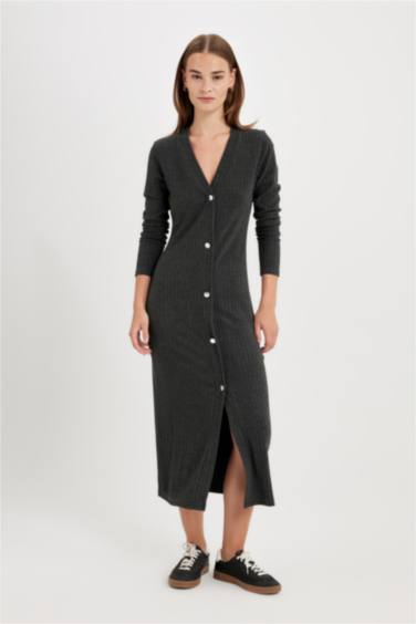 тығыз көйлек v жаға ұзын жеңді Ұзын жеңді трикотаж көйлек