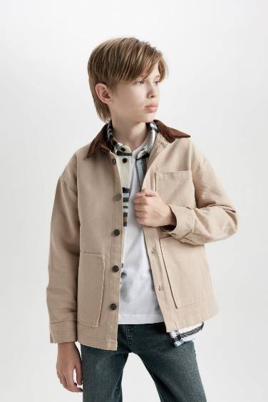 Boy Oversize Fit Polo Collar Gabardine Long Sleeve Shirt