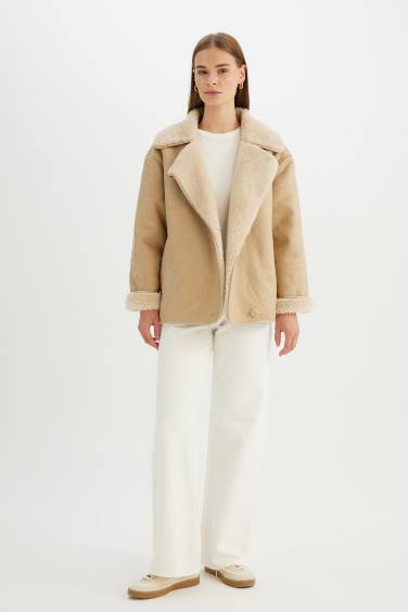 جاكيت شمواه جلد صناعي قصة مريحة مبطن بفرو إصطناعي