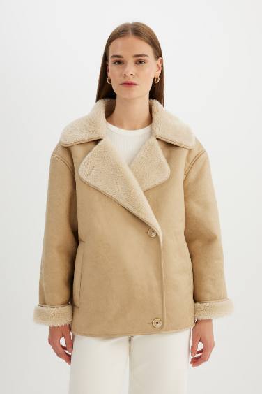 جاكيت شمواه جلد صناعي قصة مريحة مبطن بفرو إصطناعي