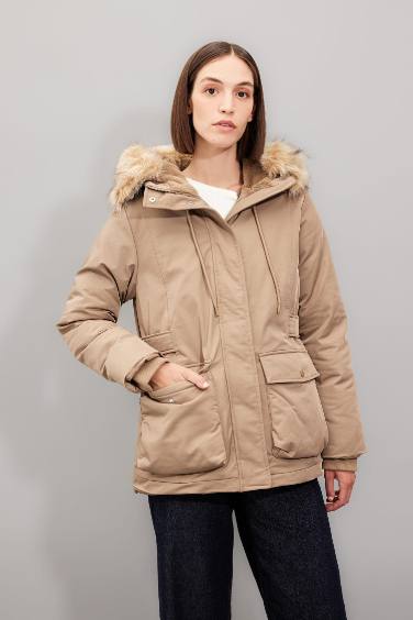 Hooded Zippered Pocketed Faux Fur Waterproof Jacket