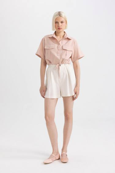 Blouse courte à Manches Courtes en Lin mélangé à Col Chemise