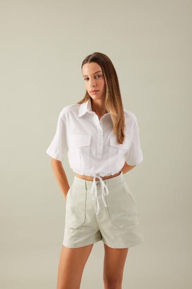 Shirt Collar Linen Blend Short Sleeve Crop Blouse