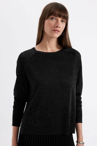 Regular Fit Crew Neck Raglan Sleeve Glittery Basic Knitted Pullover