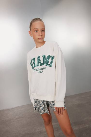 Kız Çocuk Relax Fit Bisiklet Yaka Baskılı Okul Sweatshirt