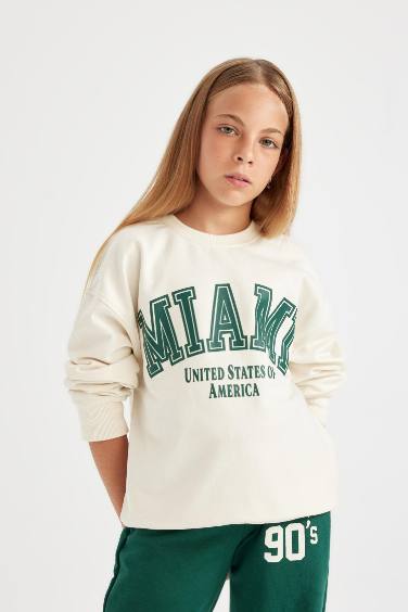 Kız Çocuk Relax Fit Bisiklet Yaka Baskılı Okul Sweatshirt