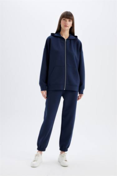 Oversize Geniş Kalıp Kapüşonlu Basic Düz Skuba Dalgıç Kumaş Cepli Fermuarlı Sweatshirt