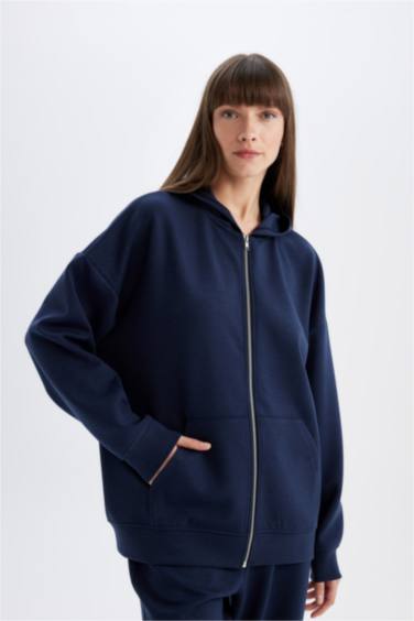 Oversize Geniş Kalıp Kapüşonlu Basic Düz Skuba Dalgıç Kumaş Cepli Fermuarlı Sweatshirt