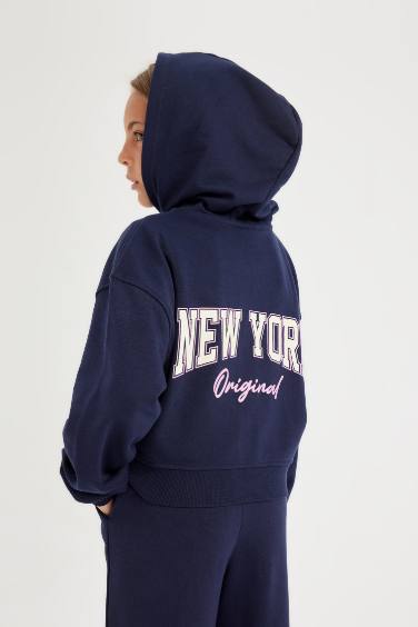 Girl Printed Navy Blue Hooded Zippered School Cardigan