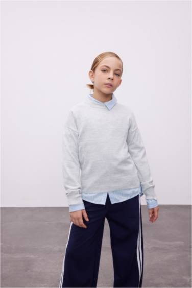 Girl Gray Standard Fit Crew Neck Basic Knitted Pullover