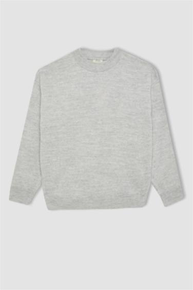 Girl Gray Standard Fit Crew Neck Basic Knitted Pullover