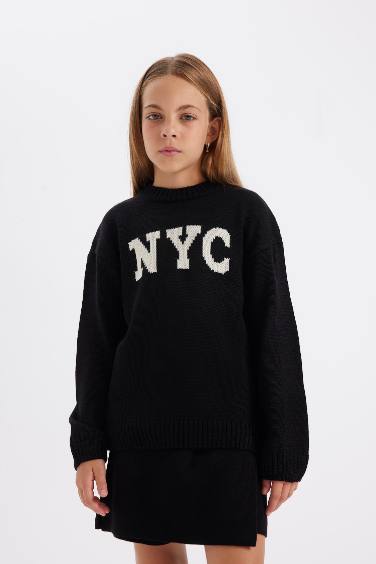 Girl Oversize Fit Written Patterned Knitted Pullover