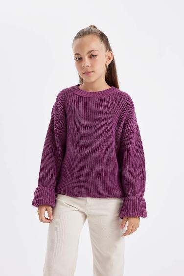 Pull tricot à col rond basique en violet à coupe standard pour Fille