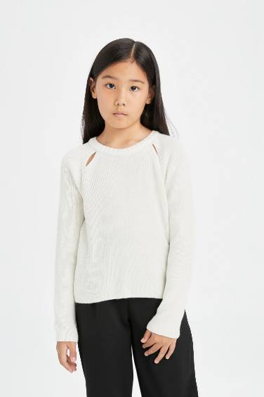 Pull tricot à col rond en écru à coupe standard pour Fille