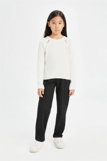 Kız Çocuk Ekru Standart Fit Bisiklet Yaka Triko Kazak