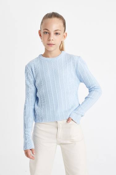 Girl Blue Standard Fit Crew Neck Knitted Pullover