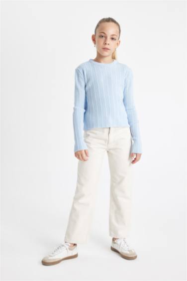 Kız Çocuk Mavi Standart Fit Bisiklet Yaka Triko Kazak