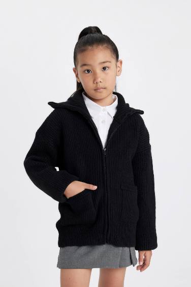 Cardigan noir en tricot à col montant et à fermeture éclair avec poches pour Fille