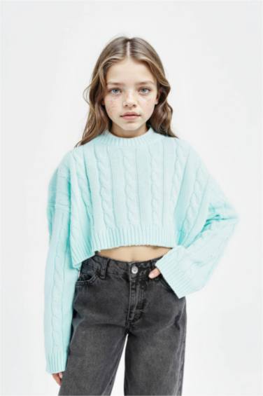 Girl Crew Neck Hair Knitted Acrylic Crop Pullover