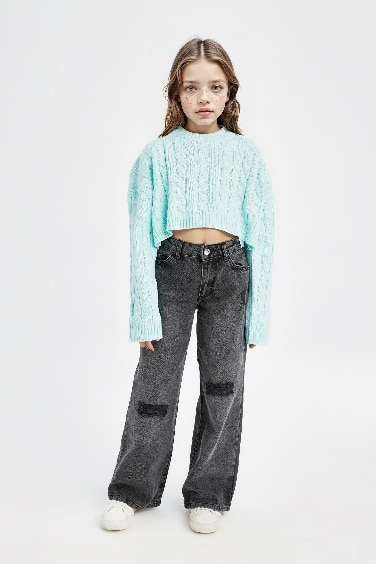 Girl Crew Neck Hair Knitted Acrylic Crop Pullover