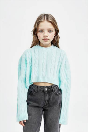 Girl Crew Neck Hair Knitted Acrylic Crop Pullover
