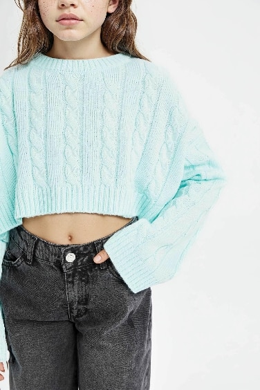 Girl Crew Neck Hair Knitted Acrylic Crop Pullover