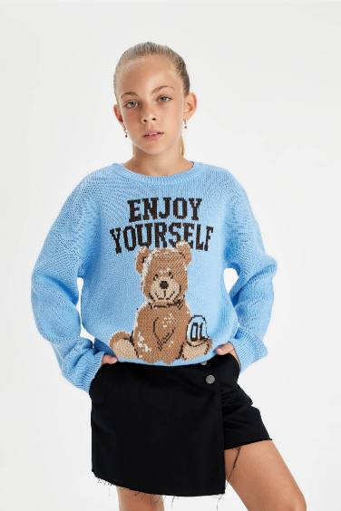 Girl Oversize Fit Teddy Bear Patterned Pullover