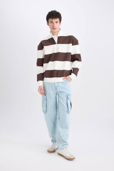 Boxy Fit Zippered Stand Collar Striped Sweatshirt