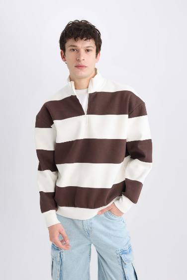 Boxy Fit Zippered Stand Collar Striped Sweatshirt
