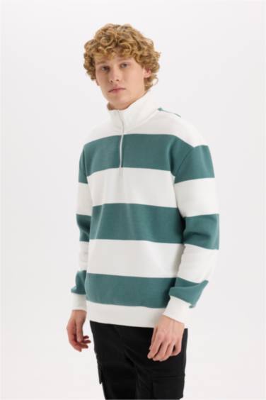 Boxy Fit Dik Yaka Yarım Fermuarlı Çizgili Sweatshirt